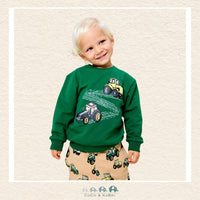 Front view of the Name It Boys' Green Sweater featuring a playful tractor graphic and a comfortable ribbed crew neckline