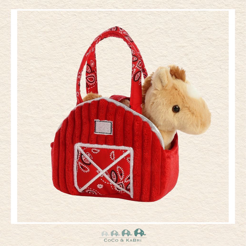 Aurora Fancy Pals 7 inch plush set featuring a soft chestnut horse inside a charming red barn fabric carrier with boutique handle | Canada