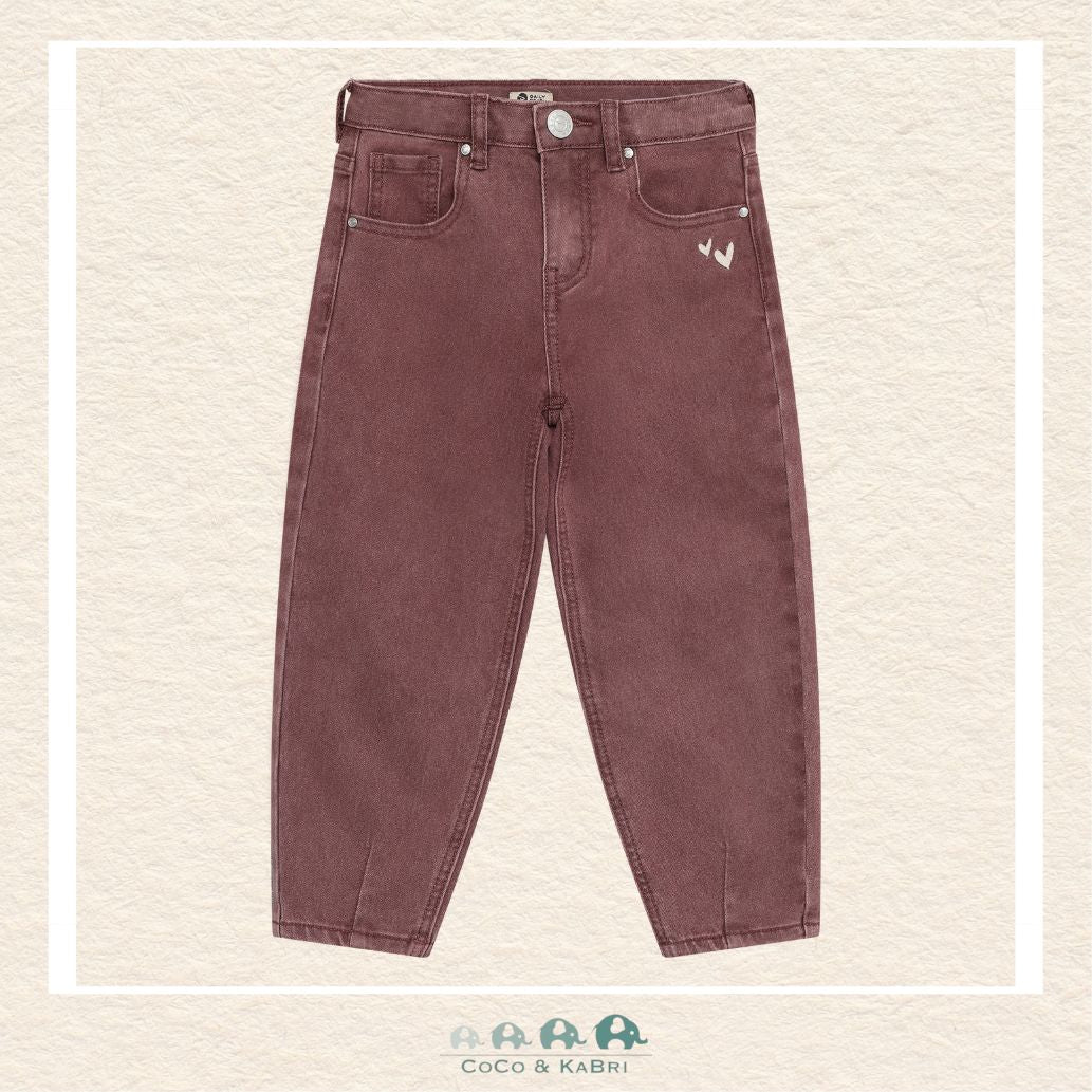 Front view of the Daily7 Girl's Barrel Fit Denim Jeans in a rich chocolate brown featuring a trendy curved leg silhouette and a comfortable high-rise waist