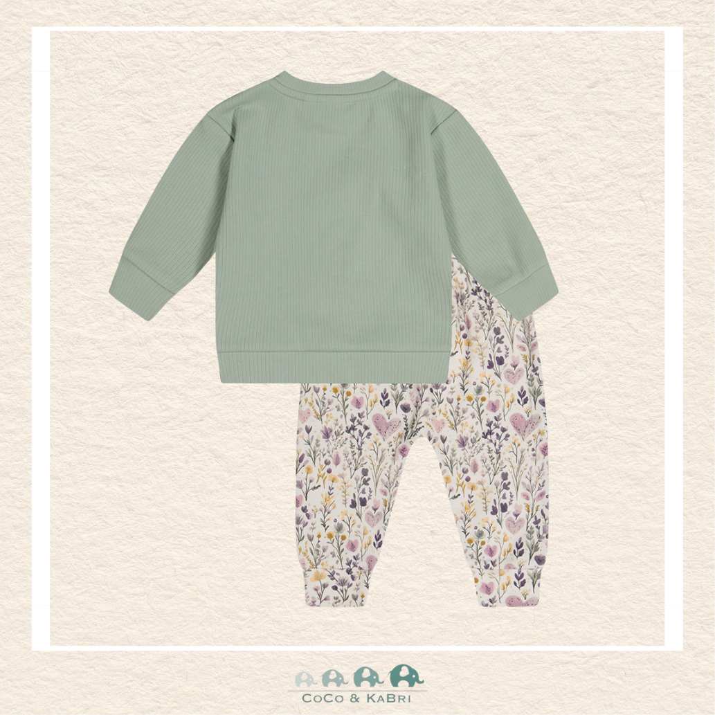 Deux Par Deux Floral Organic Cotton Pant & Sage Green Top Set