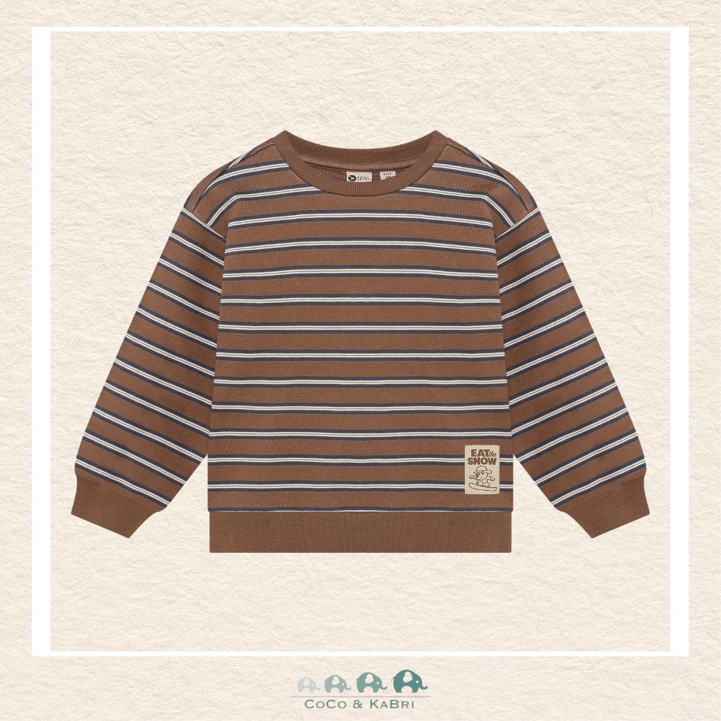 Front view of the Daily7 Boys' Sweatshirt featuring a classic horizontal stripe pattern in rich brown and neutral tones with a comfortable crew neckline