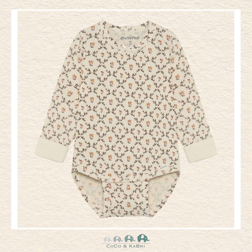 Front view of the Minymo Baby Girl Diaper Shirt in Seedpearl featuring a delicate all-over floral print and convenient snap closures at the shoulder and bottom