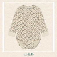 Front view of the Minymo Baby Girl Diaper Shirt in Seedpearl featuring a delicate all-over floral print and convenient snap closures at the shoulder and bottom
