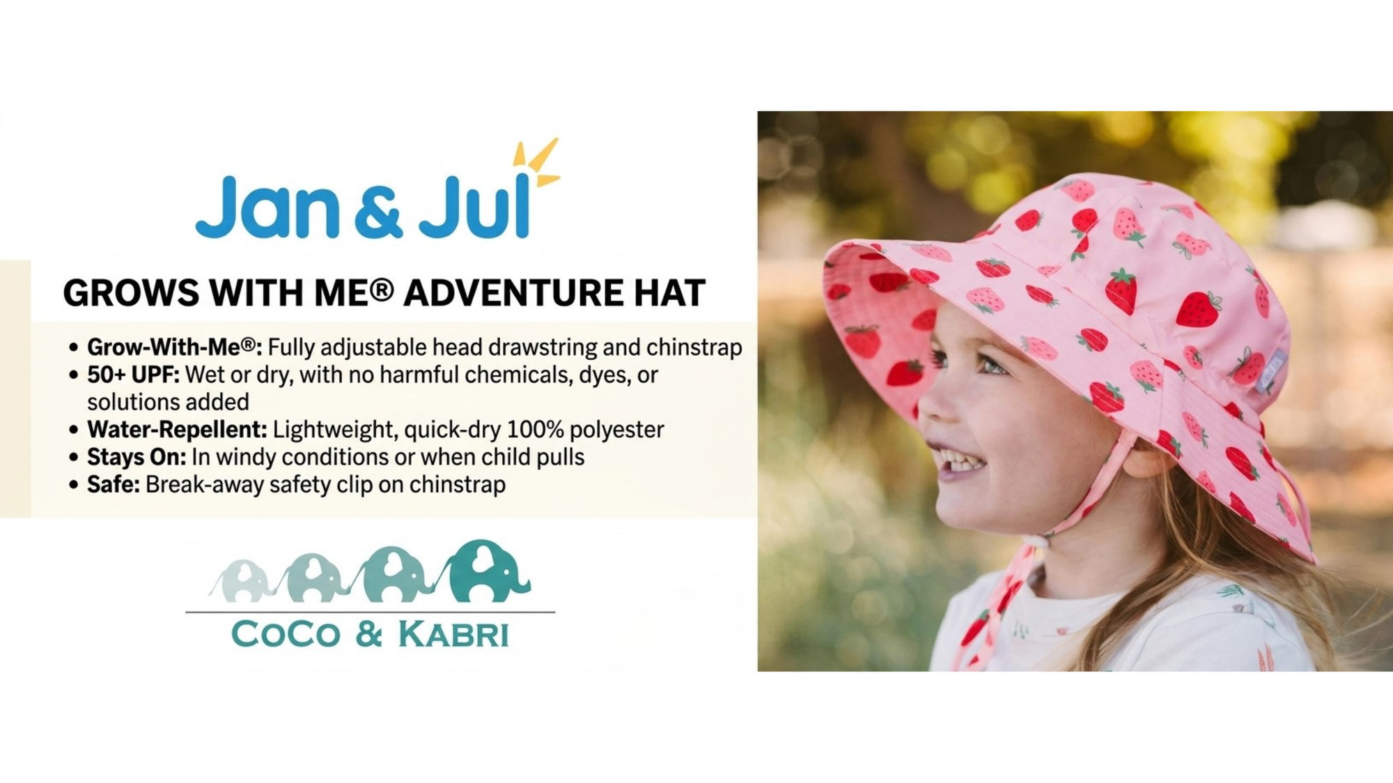 Pink adventure hat with cherry design worn by a child, Jan & Jul branding visible
