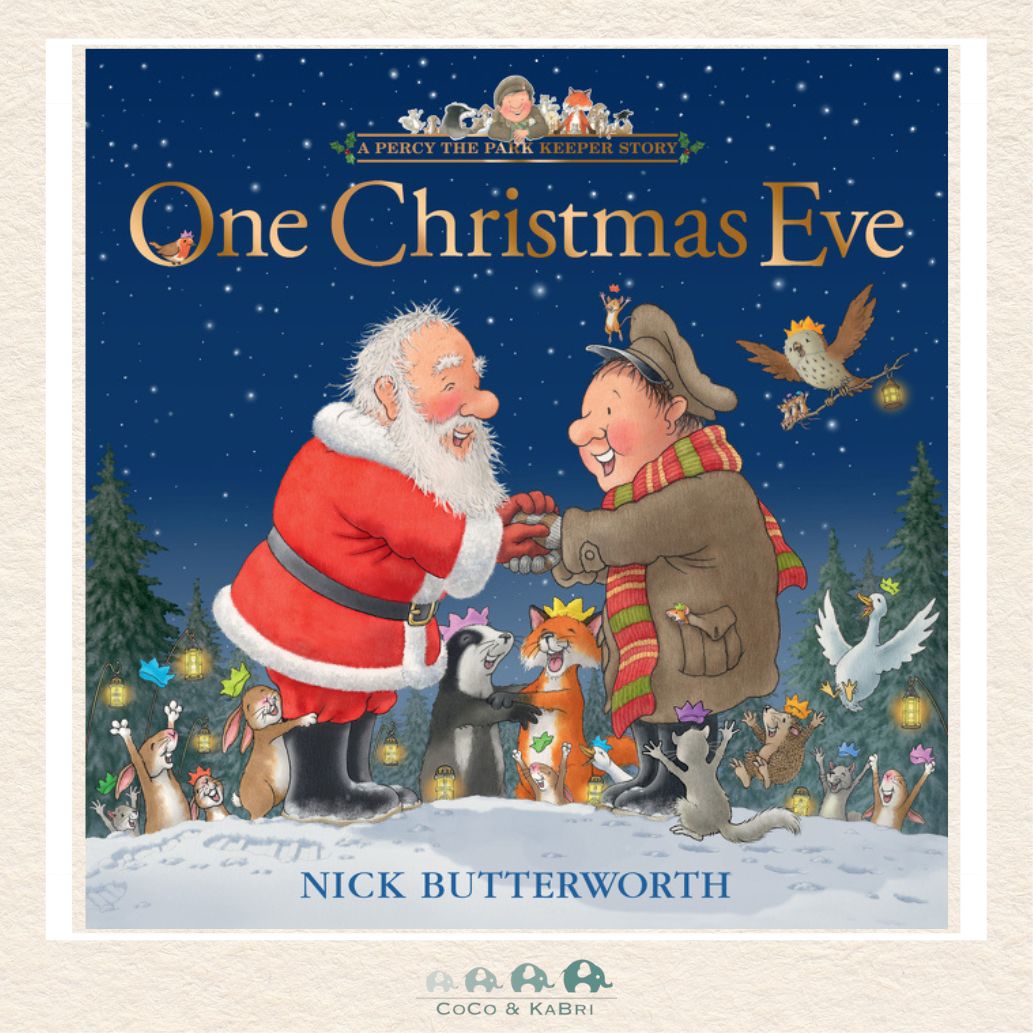 Book cover of 'One Christmas Eve' by Nick Butterworth featuring Santa Claus and Percy in a snowy scene.