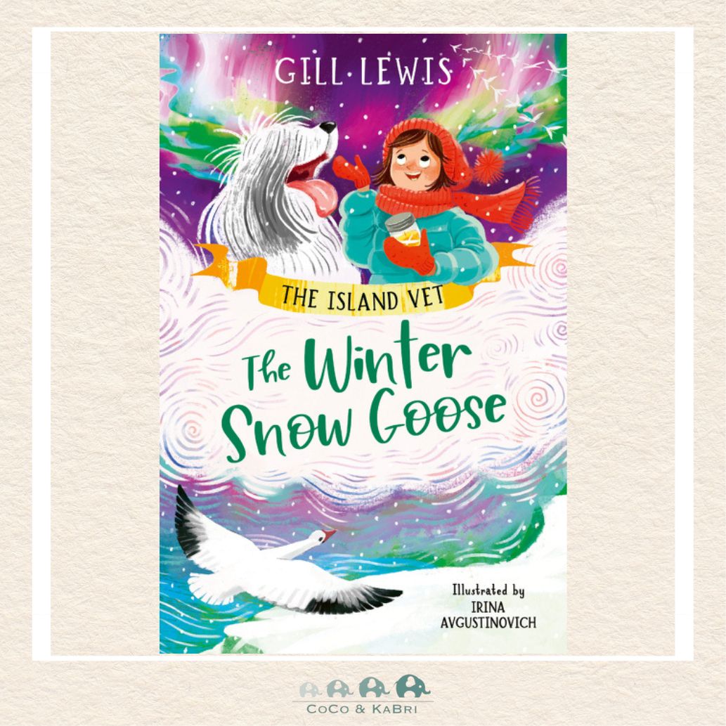Book cover of 'The Winter Snow Goose' by Gill Lewis with a colorful illustration of a girl and a dog with a goose.