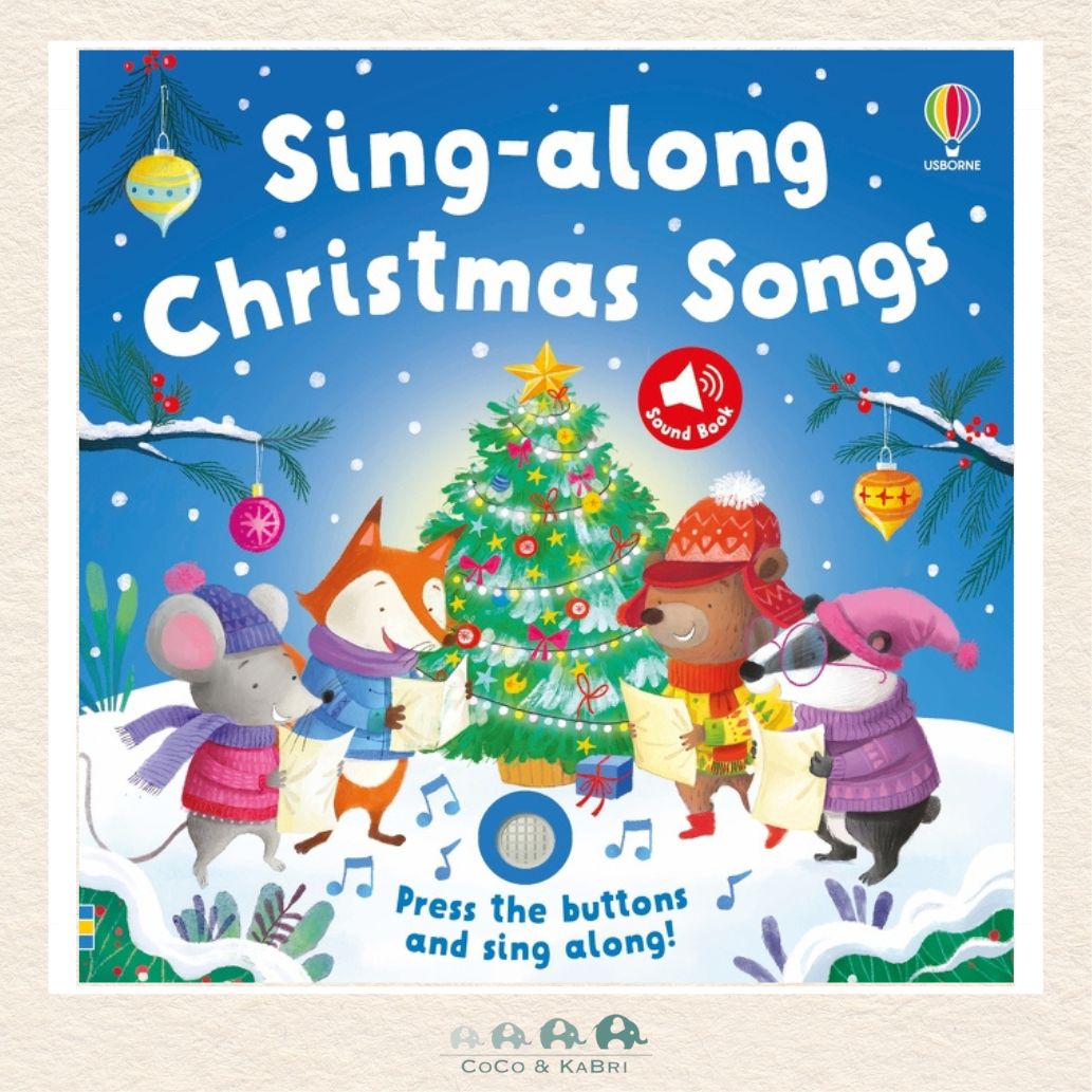 Children's book cover titled 'Sing-along Christmas Songs' with cartoon animals around a Christmas tree.