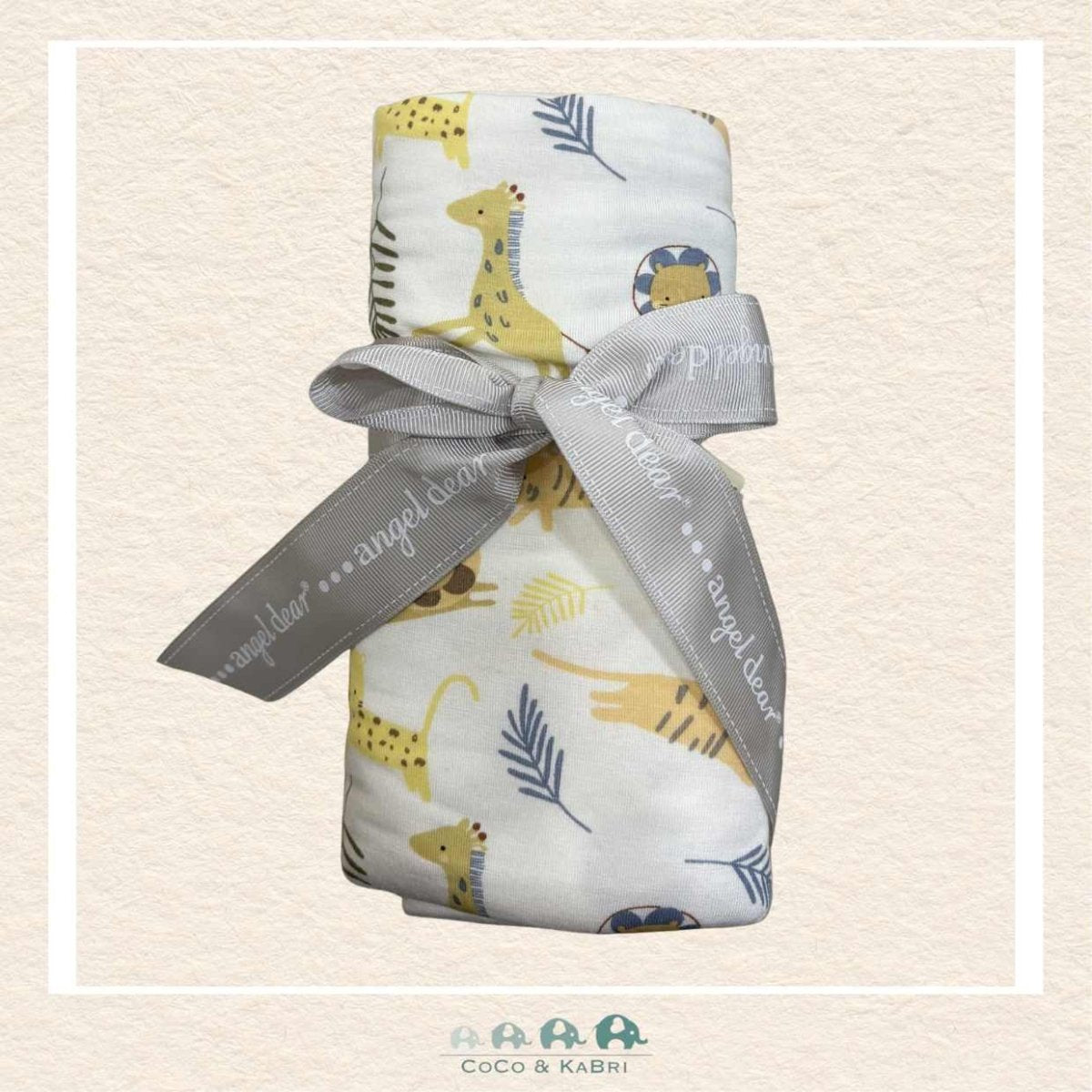 Angel Dear Animal Friends swaddle blanket rolled out showing the generous size and whimsical hand-drawn animal artwork | Canada