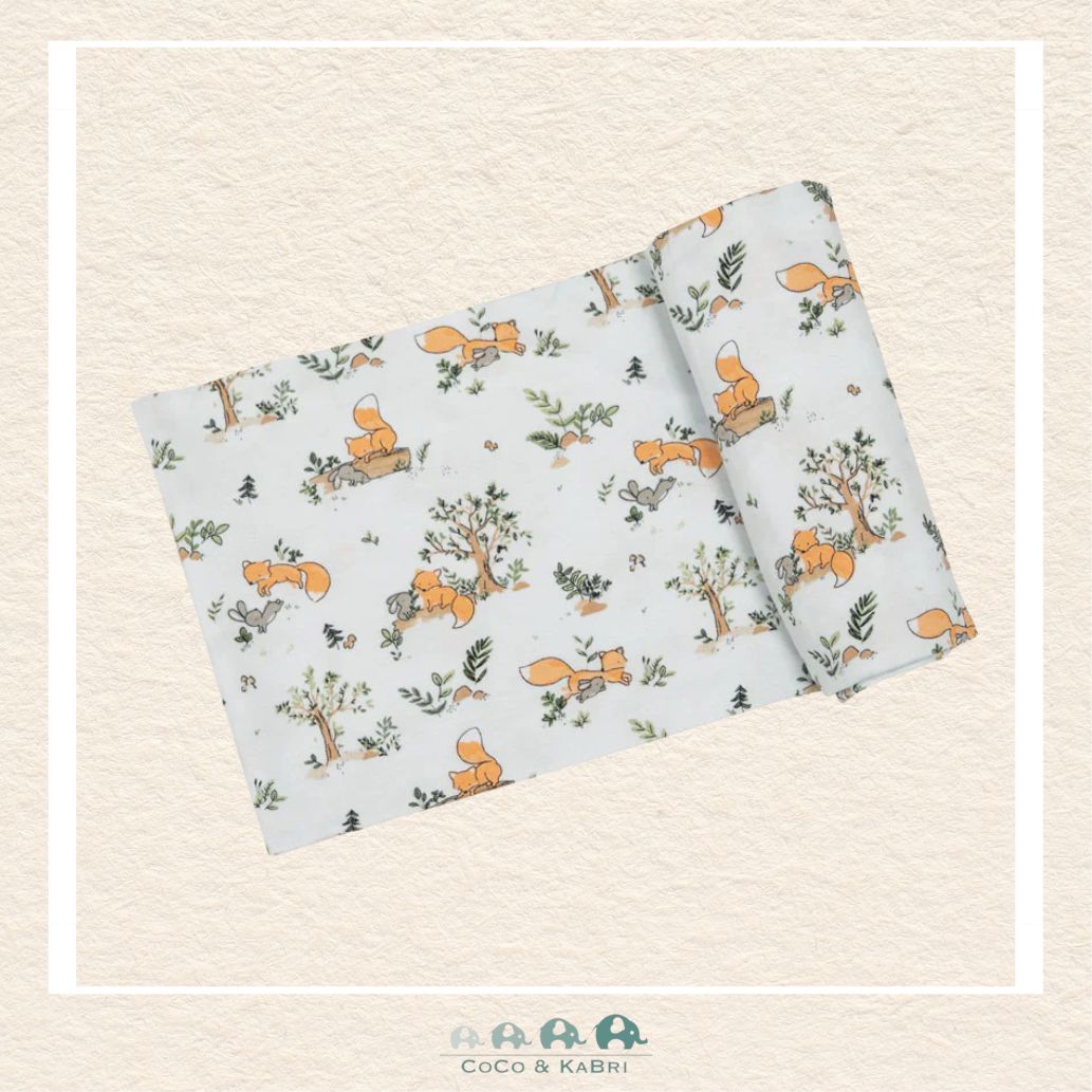 Angel Dear Baby Foxes Blue swaddle blanket rolled out showing the generous size and hand-drawn fox illustrations on soft bamboo | Canada