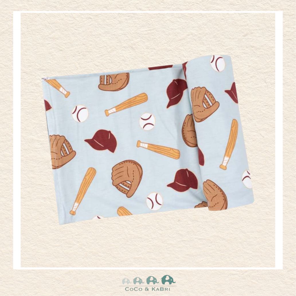 Angel Dear Baseball swaddle blanket rolled out showing the generous size and hand-drawn vintage baseball illustrations on soft bamboo | Canada