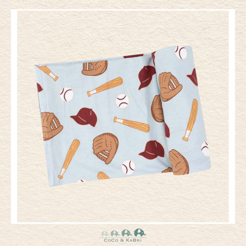 Angel Dear Baseball swaddle blanket rolled out showing the generous size and hand-drawn vintage baseball illustrations on soft bamboo | Canada