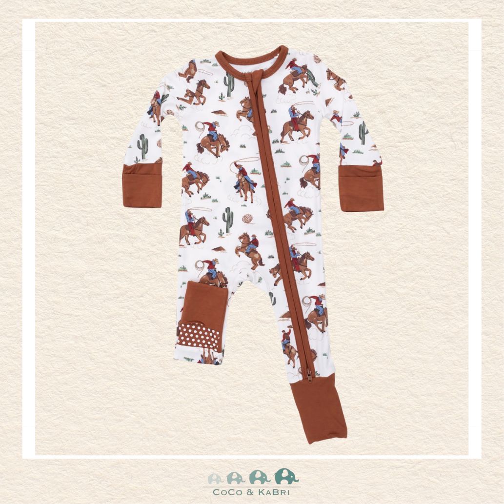 Front view of Angel Dear Buckaroo Western romper featuring a convenient 2-way zipper and classic cowboy hat and boot illustrations | Canada