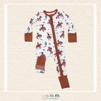 Front view of Angel Dear Buckaroo Western romper featuring a convenient 2-way zipper and classic cowboy hat and boot illustrations | Canada