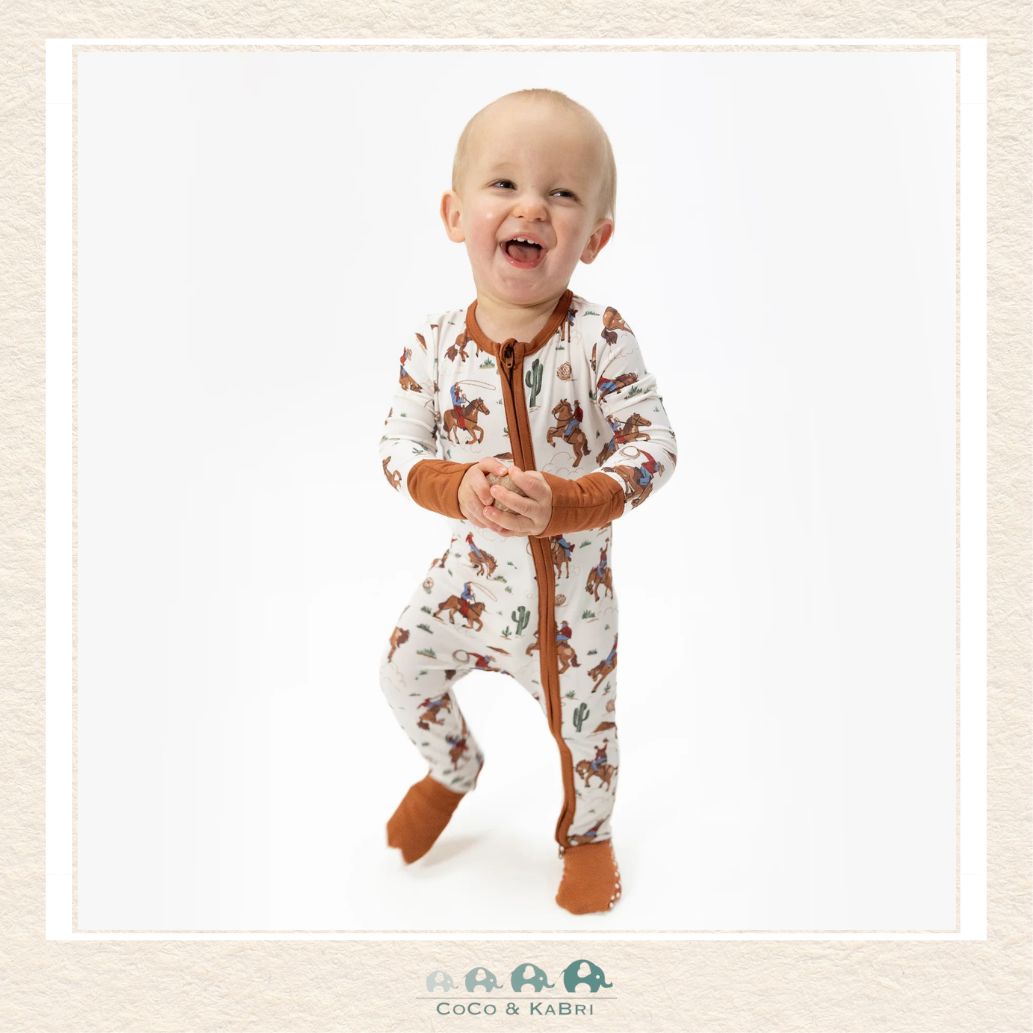 Angel Dear Buckaroo Western Convertible Romper on infant showing the soft bamboo fit and sophisticated frontier boutique style | Canada