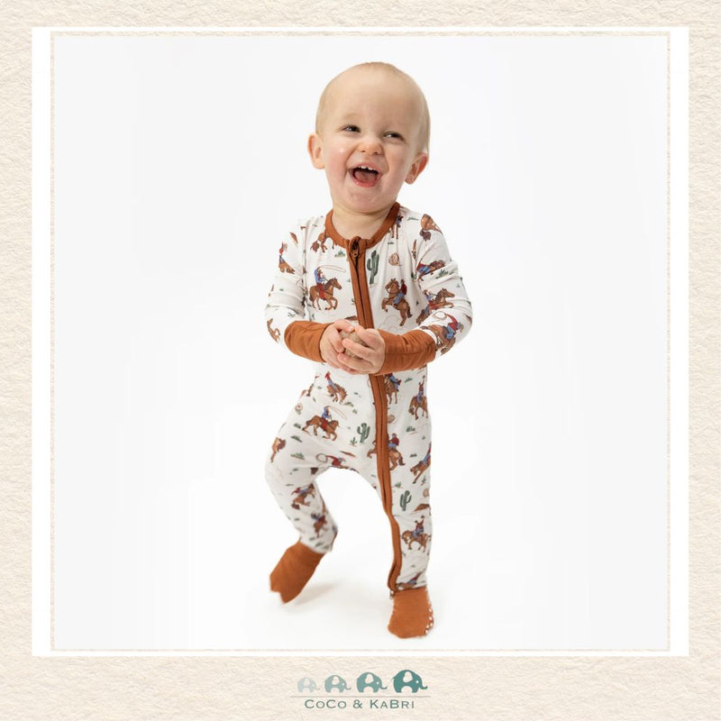 Angel Dear Buckaroo Western Convertible Romper on infant showing the soft bamboo fit and sophisticated frontier boutique style | Canada