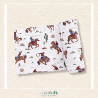 Angel Dear Buckaroo Western swaddle blanket rolled out showing the generous size and hand-drawn western icons on soft, breathable bamboo | Canada