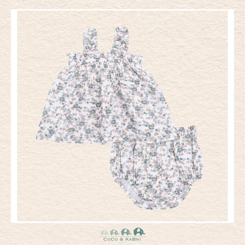 Front view of Angel Dear Camille Floral ruffled strap top and matching bloomers featuring a delicate botanical print and tiered boutique detailing | Canada