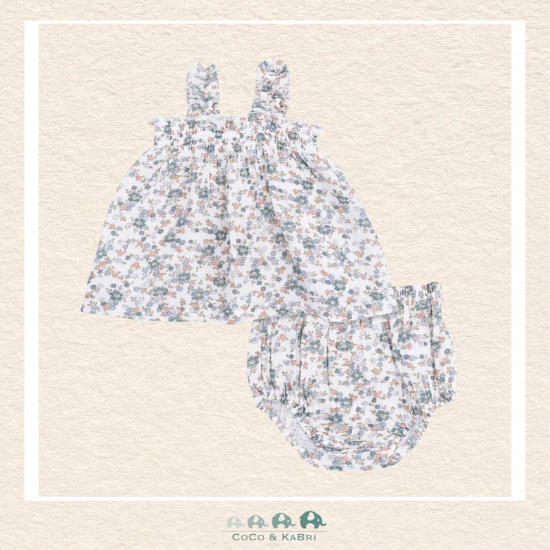 Front view of Angel Dear Camille Floral ruffled strap top and matching bloomers featuring a delicate botanical print and tiered boutique detailing | Canada