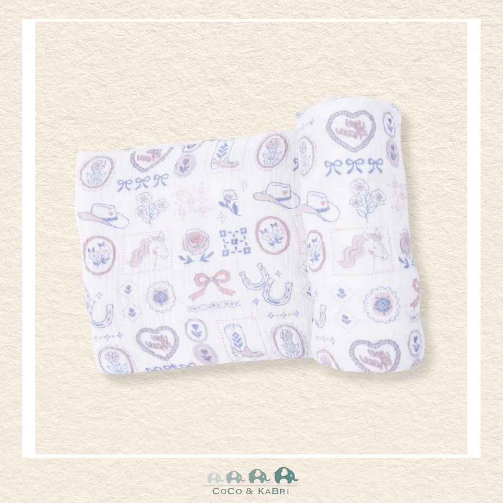 Angel Dear Country Western Heirlooms swaddle blanket rolled out showing the generous size and vintage hand-drawn western motifs on soft bamboo | Canada