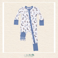 Front view of Angel Dear Cowboy Boots romper featuring a convenient 2-way zipper and detailed Western boot illustrations | Canada