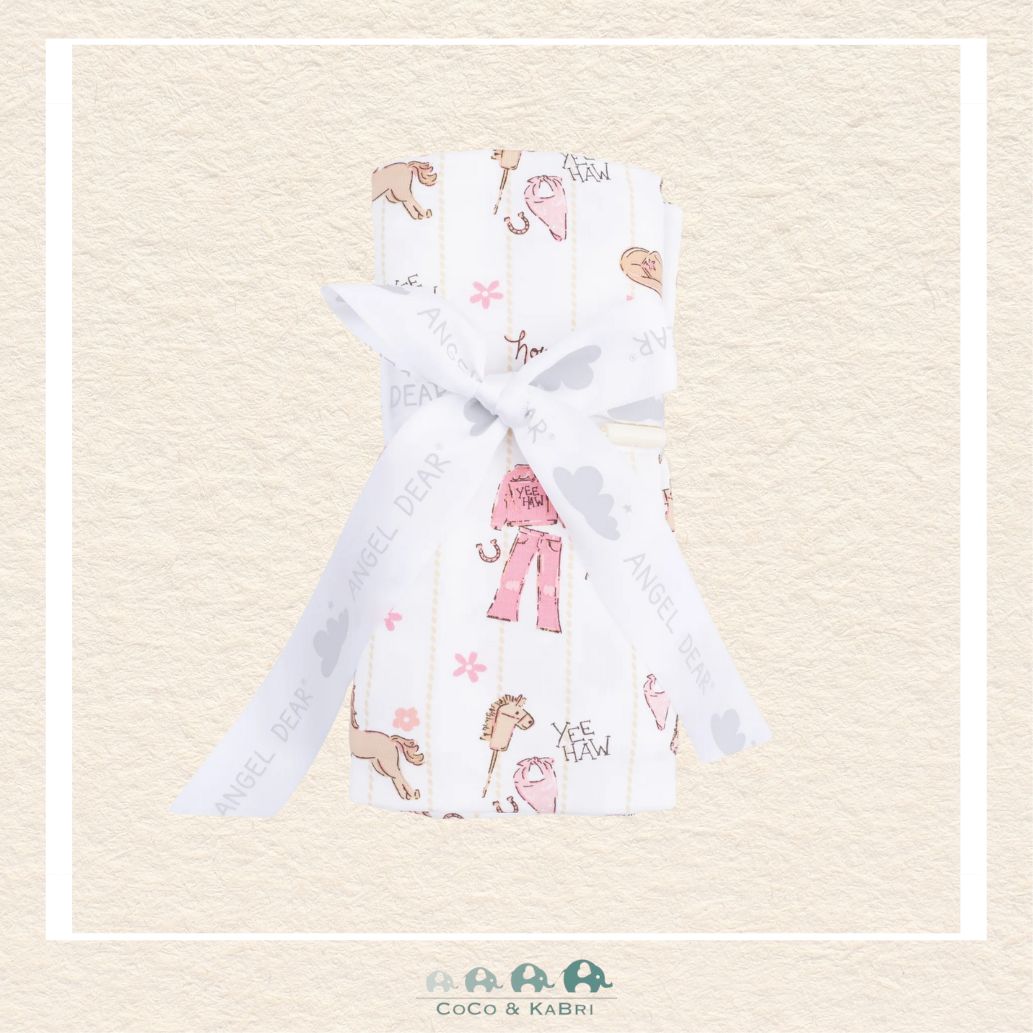 Angel Dear Cowgirl Nursery swaddle blanket rolled and tied with a boutique ribbon for a charming western-themed gift presentation | Canada