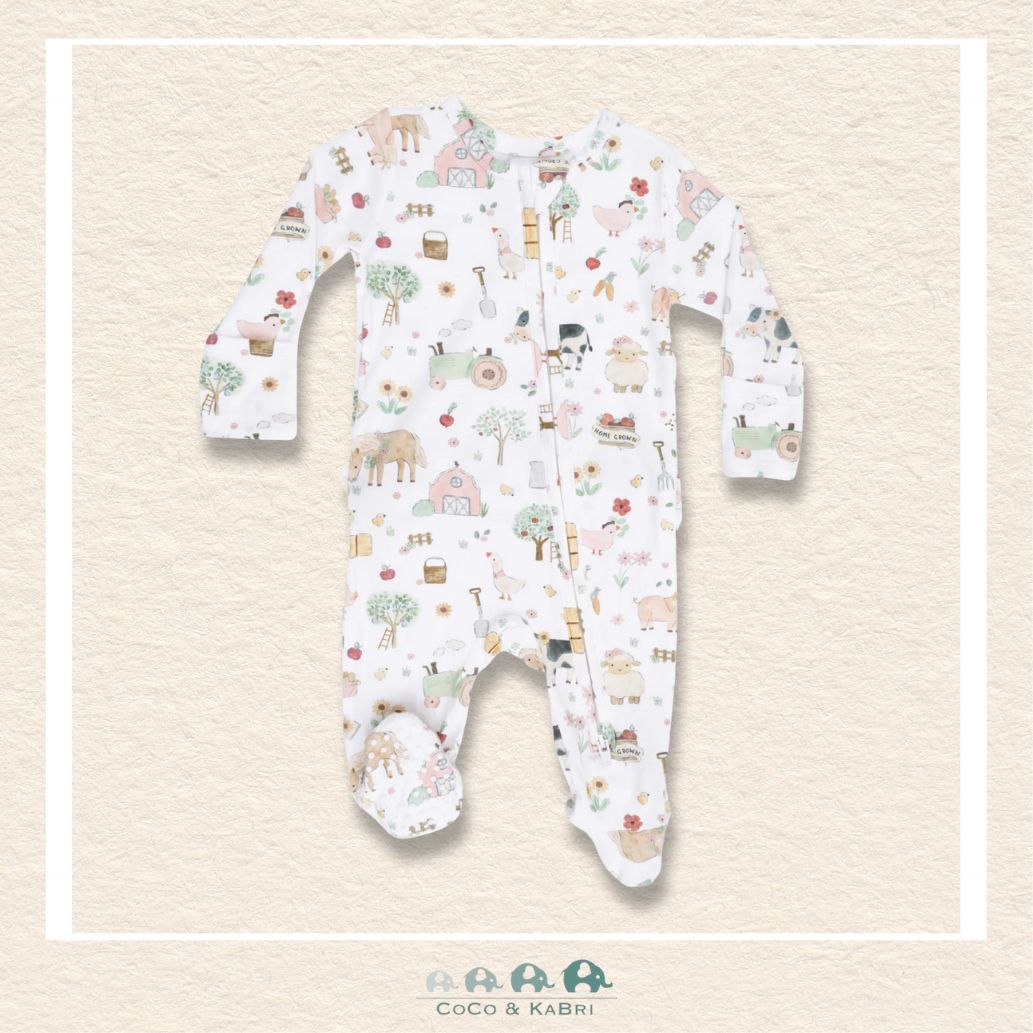 Front view of Angel Dear Cute Farm Animals Pink footie featuring a convenient 2-way zipper and protective chin guard for easy changes | Canada