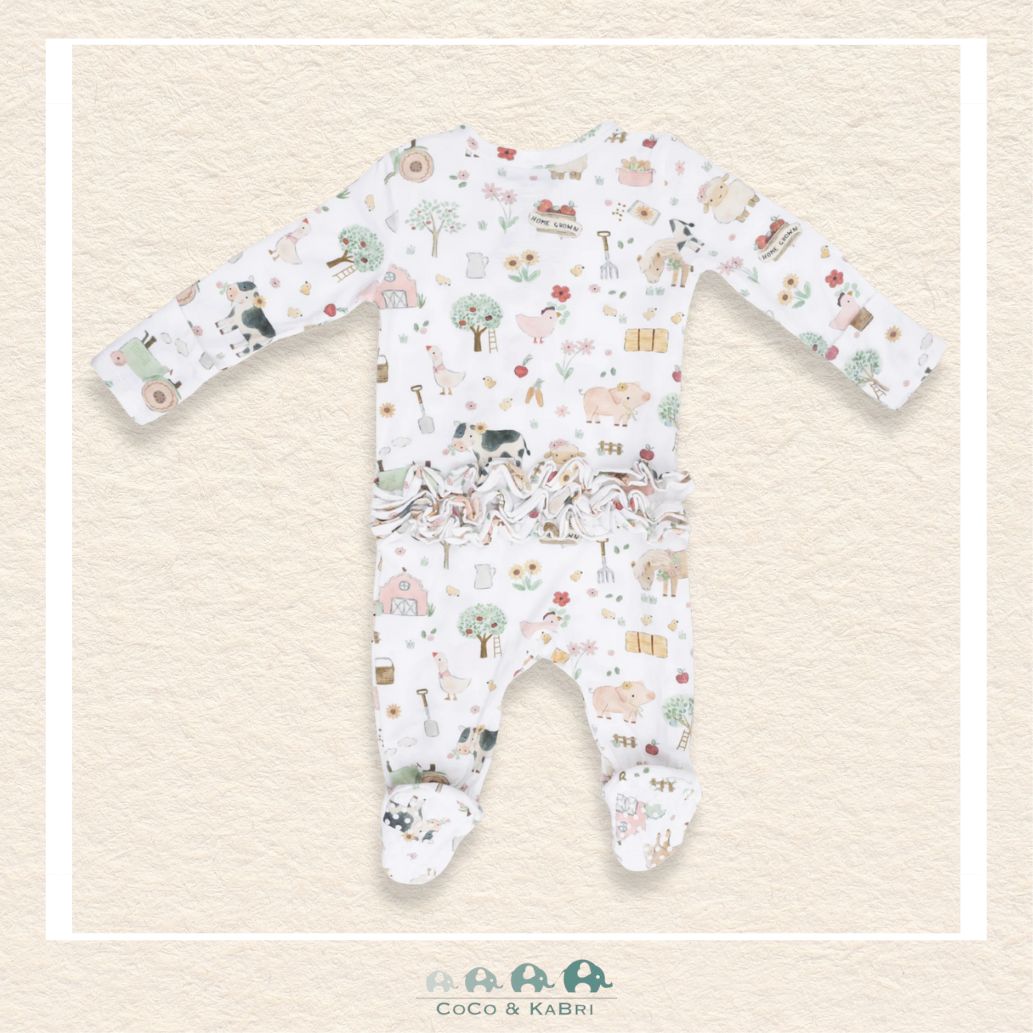 Back view of Angel Dear Cute Farm Animals sleeper showing the sweet ruffle detailing and charming ranch-inspired print | Canada