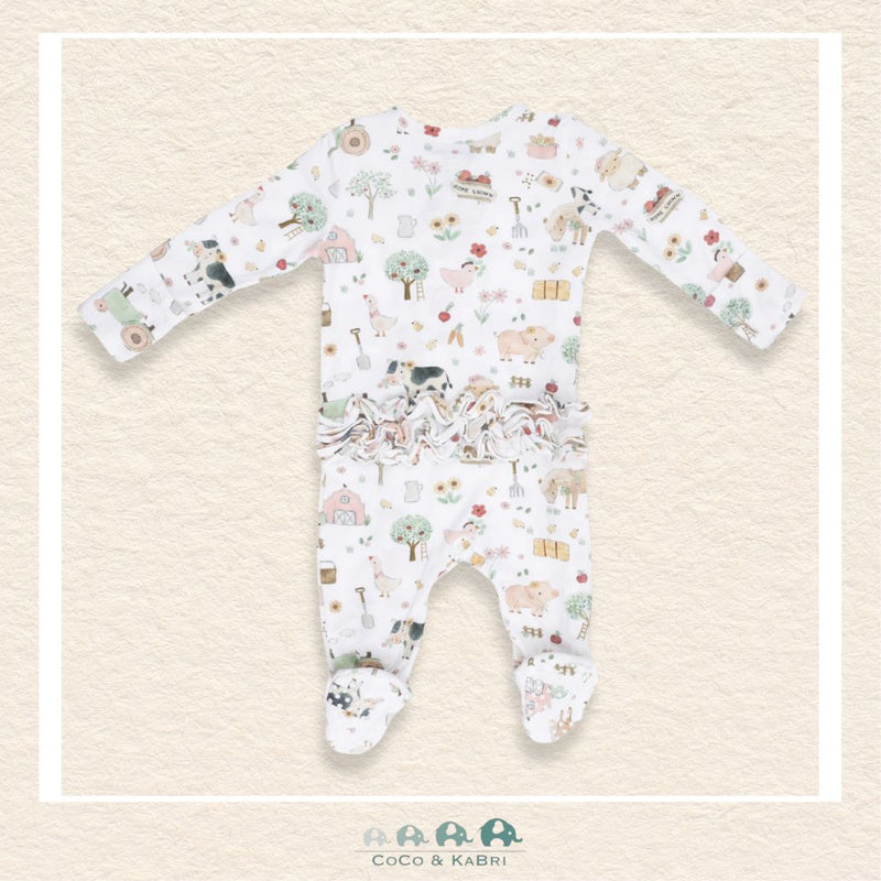 Back view of Angel Dear Cute Farm Animals sleeper showing the sweet ruffle detailing and charming ranch-inspired print | Canada