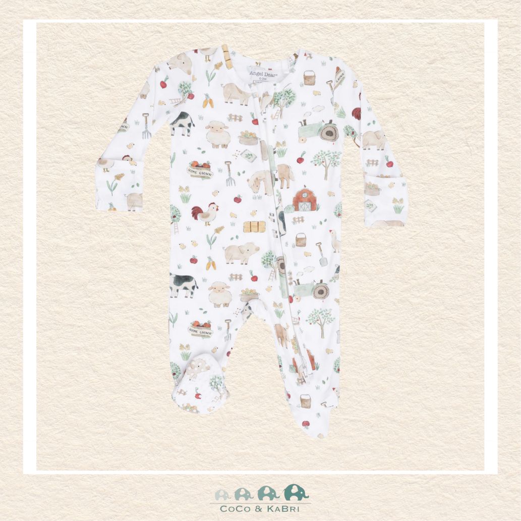 Front view of Angel Dear Cute Farm Animals footie featuring a convenient 2-way zipper and curated animal illustrations | Canada
