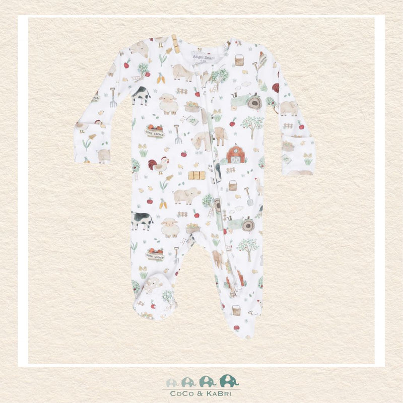 Front view of Angel Dear Cute Farm Animals footie featuring a convenient 2-way zipper and curated animal illustrations | Canada