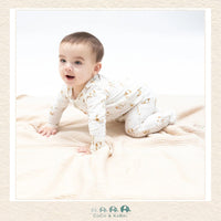 Angel Dear Explorer Puppy Footie on infant showing the soft bamboo fit and adventurous puppy boutique print | Canada