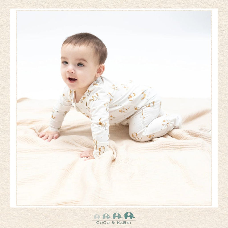 Angel Dear Explorer Puppy Footie on infant showing the soft bamboo fit and adventurous puppy boutique print | Canada