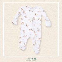 Front view of Angel Dear Explorer Puppy footie featuring a convenient 2-way zipper and playful dog illustrations | Canada