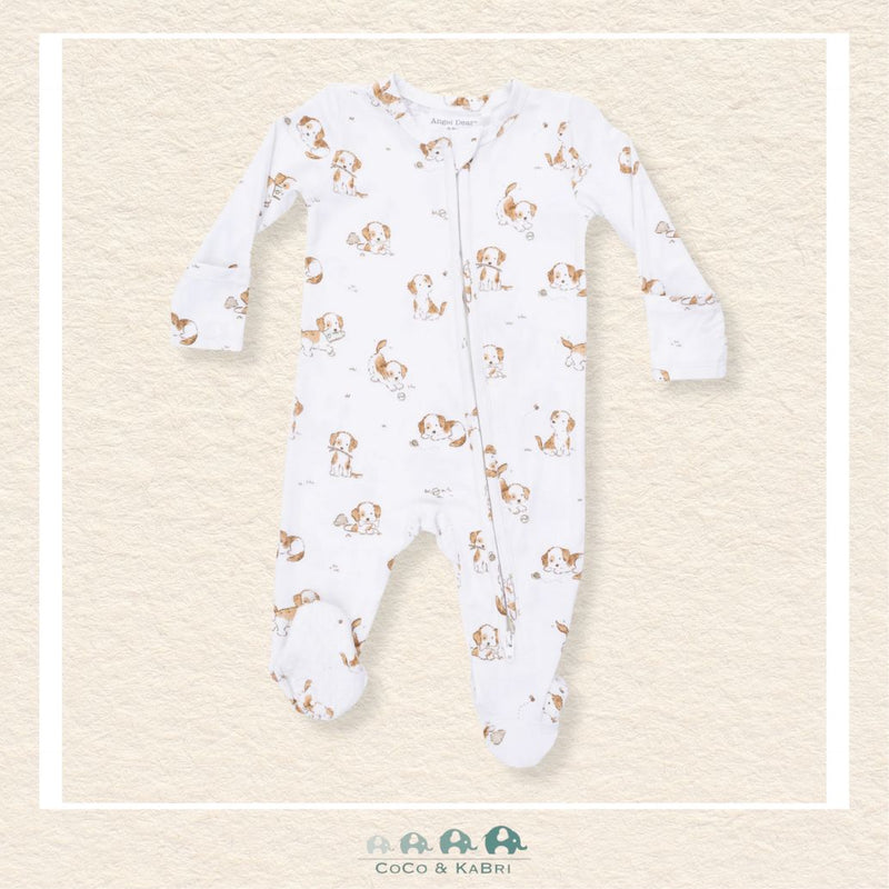 Front view of Angel Dear Explorer Puppy footie featuring a convenient 2-way zipper and playful dog illustrations | Canada