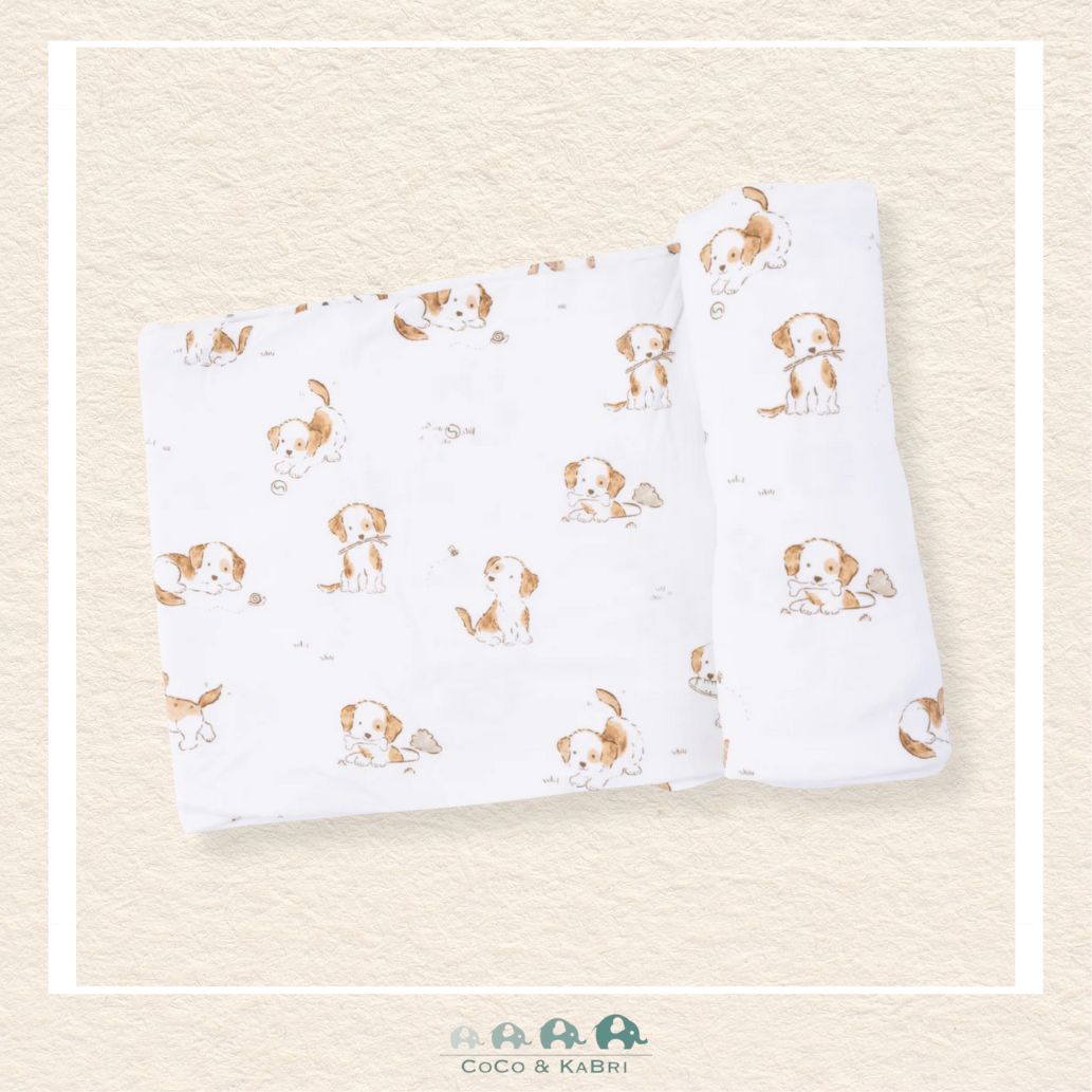 Angel Dear Explorer Puppy swaddle blanket rolled out showing the generous size and whimsical hand-drawn puppy illustrations with travel-inspired icons | Canada