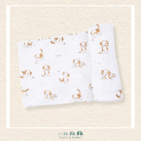 Angel Dear Explorer Puppy swaddle blanket rolled out showing the generous size and whimsical hand-drawn puppy illustrations with travel-inspired icons | Canada