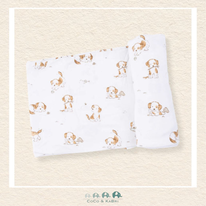 Angel Dear Explorer Puppy swaddle blanket rolled out showing the generous size and whimsical hand-drawn puppy illustrations with travel-inspired icons | Canada