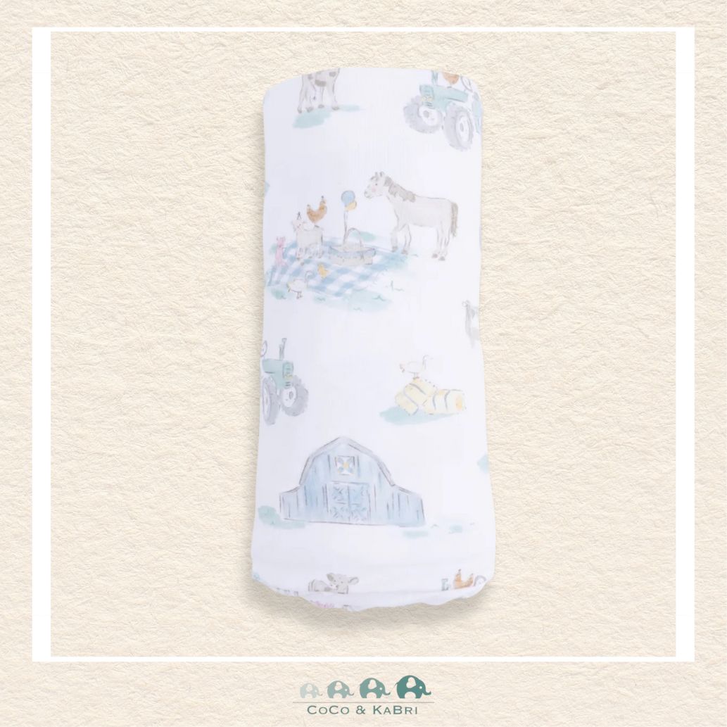 Angel Dear Farm Animal Party swaddle blanket rolled for a festive, ranch-themed gift presentation | Canada
