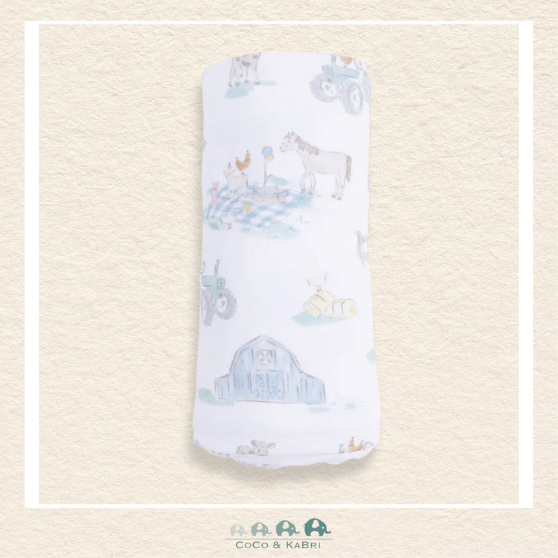 Angel Dear Farm Animal Party swaddle blanket rolled for a festive, ranch-themed gift presentation | Canada