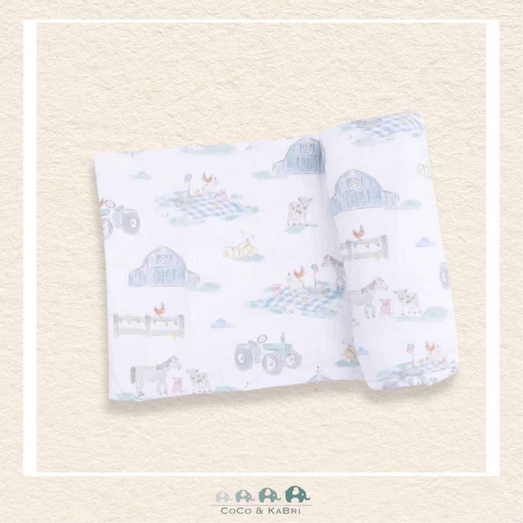 Angel Dear Farm Animal Party swaddle blanket rolled out showing the generous size and whimsical hand-drawn farm animal illustrations on soft bamboo | Canada