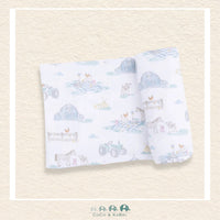 Angel Dear Farm Animal Party swaddle blanket rolled out showing the generous size and whimsical hand-drawn farm animal illustrations on soft bamboo | Canada