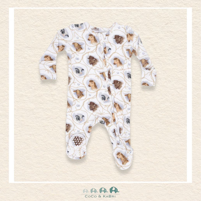 Front view of Angel Dear Farm Animals footie featuring a convenient 2-way zipper and detailed rope cameo illustrations | Canada