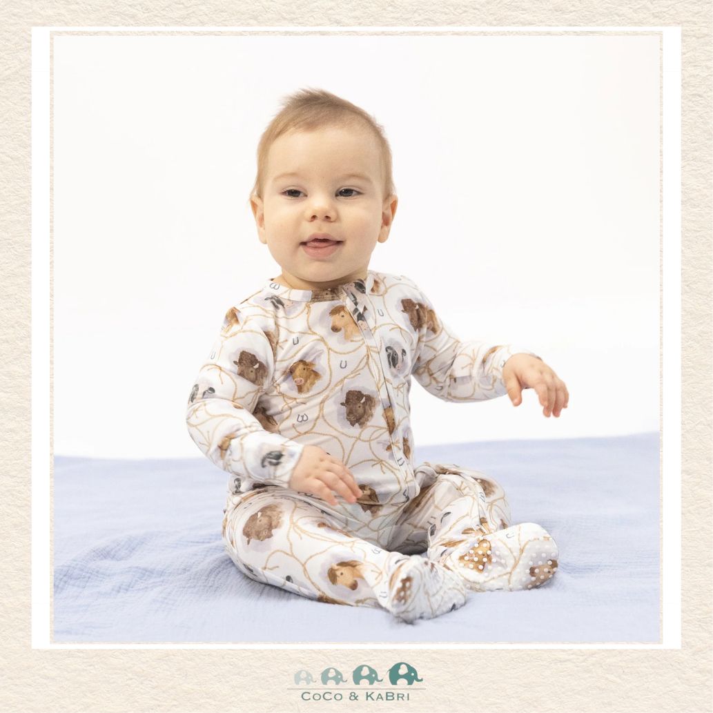 Angel Dear Farm Animals Rope Cameos Footie on infant showing the silky bamboo fit and unique rustic ranch style | Canada