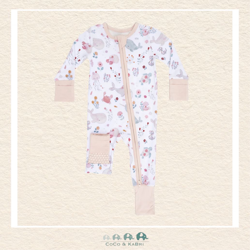 Front view of Angel Dear Garden Sea Creatures romper featuring a convenient 2-way zipper and detailed underwater animal illustrations | Canada