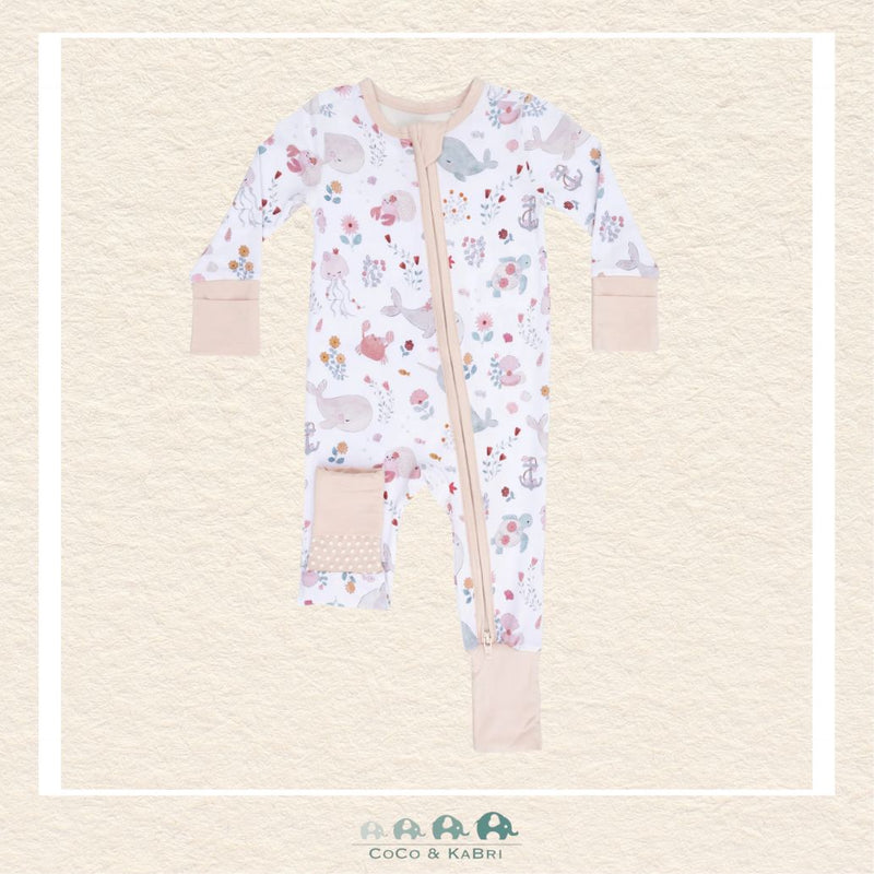 Front view of Angel Dear Garden Sea Creatures romper featuring a convenient 2-way zipper and detailed underwater animal illustrations | Canada