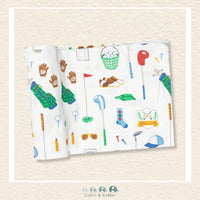 Angel Dear Golf Club swaddle blanket rolled out showing the generous size and classic hand-drawn golf illustrations on soft bamboo | Canada