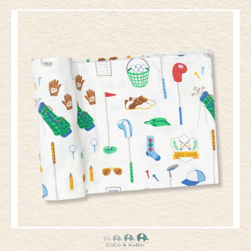 Angel Dear Golf Club swaddle blanket rolled out showing the generous size and classic hand-drawn golf illustrations on soft bamboo | Canada