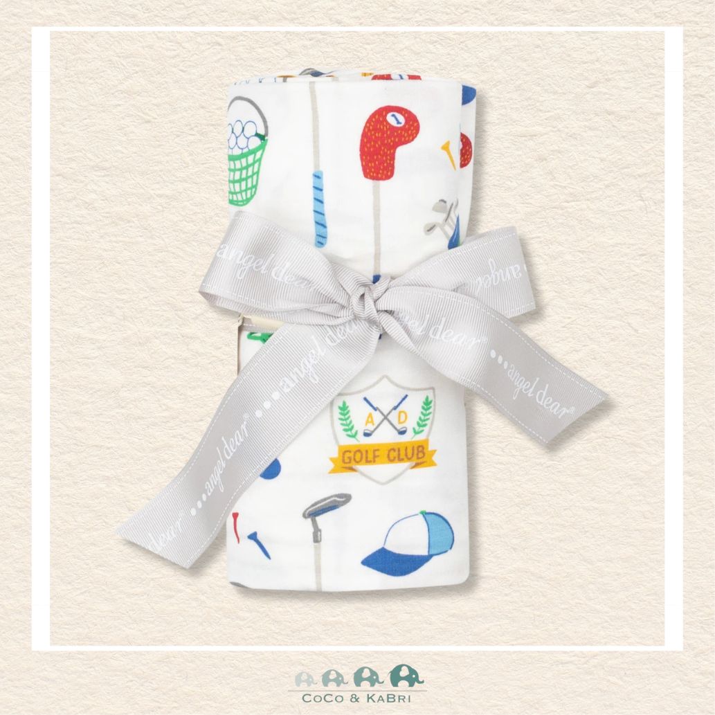 Angel Dear Golf Club swaddle blanket rolled and tied with a boutique ribbon for a sophisticated, sport-themed gift presentation | Canada