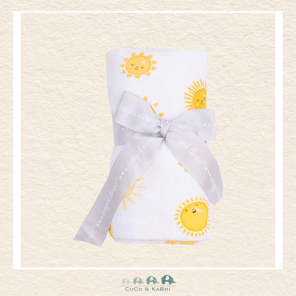 Angel Dear Happy Sun ribbed swaddle blanket rolled and tied with a boutique ribbon for a cheerful, textured gift presentation | Canada