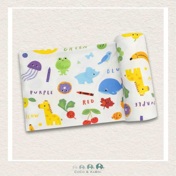 Angel Dear Learning Colors swaddle blanket rolled out showing the generous size and vibrant hand-drawn color splashes on soft, breathable bamboo | Canada